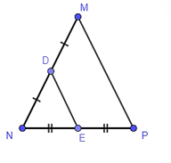 Cho tam giác MNP cân tại M có E và D lần lượt là trung điểm của NP và NM. Khẳng định nào sau đây là đúng? (ảnh 1)