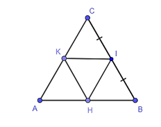 Cho tam giác ABC đều, I là trung điểm BC. Từ I kẻ IK // AB (K ∈ AC), IH // AC (H ∈ AB). Tam giác IHK là tam giác gì? A. Tam giác đều; B. Tam giác cân; C. Tam giác tù; D. Tam giác vuông. (ảnh 1)