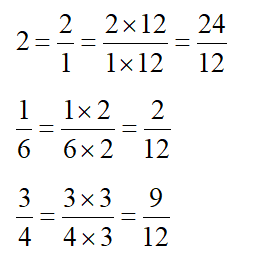 Viết 2; 1/6; 3/4 thành ba phân số đều có mẫu số là 12. (ảnh 1)