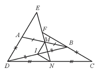 Cho tứ giác ABCD có AD = BC. Đường thẳng đi qua trung điểm M và N lần lượt của các cạnh AB và CD cắt các đường thẳng AD và BC lần lượt tại E và F. Chứng minh:   (ảnh 1)