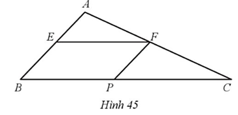 Cho tam giác ABC. Lấy E, F, P lần lượt thuộc AB, AC, BC sao cho tứ giác BEFP là hình bình hành (Hình 45). Biết diện tích tam giác AEF và CFP lần lượt bằng 16 cm2 và 25 cm2. a) Hãy chỉ ra ba cặp tam giác đồng dạng. b) Tính diện tích tam giác ABC. (ảnh 1)