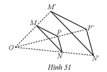 Cho điểm O nằm ngoài tam giác MNP. Trên các tia OM, ON, OP ta lần lượt lấy các điểm M’, N’, P’ sao cho   (Hình 51).   (ảnh 1)