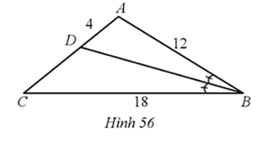 Cho tam giác ABC có BD là đường phân giác của góc ABC (Hình 56). Độ dài DC là:   A. 6. B. 9. C. 5. D. 8 . (ảnh 1)