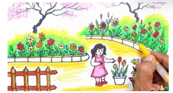 Vẽ bức tranh mô tả cách em sẽ bố trí một góc vườn để trồng các loài cây mà em yêu thích vào khung sau. Viết những việc em cần làm hằng ngày để chăm sóc các cây trồng ở góc vườn này. (ảnh 1)