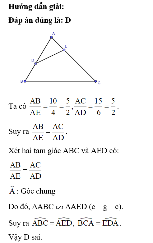 Cho tam giác ABC có AB = 10 cm, AC = 15 cm. Trên cạnh AB lấy D sao cho AD = 6 cm, trên (ảnh 1)