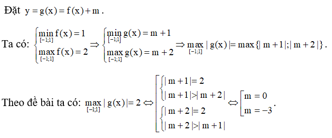 Cho hàm số y=f(x)   có đồ thị như hình vẽ bên. Có bao nhiêu giá trị nguyên của m để giá trị lớn nhất của hàm số   trên đoạn   bằng 2 ?   A. 1 .			B. 2.			C. 3 .			D. 4 . (ảnh 2)