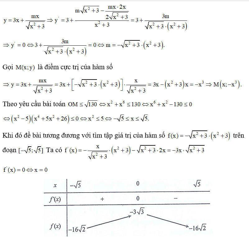 Có bao nhiêu giá trị nguyên của tham số m để đồ thị hàm số y= 3x+ mx/ căn x^2 +3  có tất cả các điểm cực trị thuộc hình tròn tâm O, bán kính   ?  A. 13.			B. 17.			C. 19 .			D. 23 . (ảnh 1)