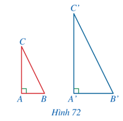 Cho hai tam giác ABC và A’B’C’ có: góc A'= góc A =90 độ. A'B'/AB= A'C'/AC  (Hình 72). Chứng minh ∆A’B’C’ ᔕ ∆ABC. (ảnh 1)
