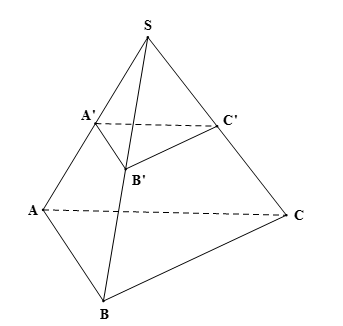Cho hình chóp đều S.ABC. Gọi A’, B’, C’ lần lượt là trung điểm của các đoạn thẳng SA, SB, SC. Chứng minh rằng phần hình (ảnh 1)