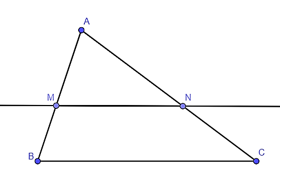 Cho tam giác ABC, trên AB lấy M sao cho AM = 6 cm, MB = 4 cm. Qua M kẻ đường thẳng song song với BC cắt AC tại N, biết AC = 20 cm. Độ dài đoạn thẳng AN là A. 10 cm; B. 12 cm; C. 8 cm; D. 6 cm. (ảnh 1)