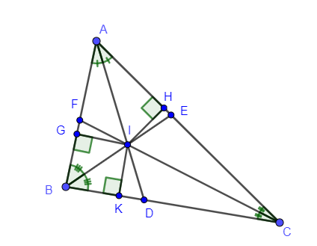 Cho tam giác ABC có ba đường phân giác AD, BE, CF cắt nhau tại I. Gọi G, H, K lần lượt là hình chiếu của I lên AB, AC, BC. Biết GI = 12 cm. Độ dài IK là: A. 4 cm; B. 8 cm; C. 6 cm; D. 12 cm. (ảnh 1)