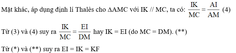 Trong Hình 10, cho biết ABCD là hình thang, AB // CD (AB < CD); M là trung điểm của DC; AM cắt BD ở I; BM cắt AC ở K; IK cắt AD, BC lần lượt ở E, F. Chứng minh: a) IK // AB; b) EI = IK = KF. (ảnh 3)