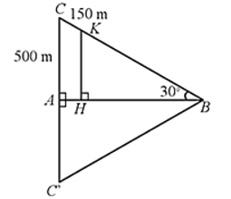 Một con dốc có độ nghiêng 30° so với mặt đất bằng phẳng. Đỉnh con dốc có độ cao CA là 500 m (Hình 17). Một người di chuyển trên dốc, khi đến vị trí K, cách đỉnh dốc 150 m thì người đó đang ở độ cao KH bằng bao nhiêu?   (ảnh 2)