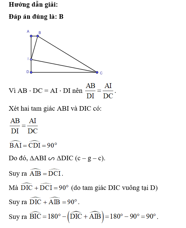 Cho hình thang vuông ABCD vuông tại A và D. Trên cạnh AD lấy I sao cho AB ⋅ DC = AI ⋅ DI. Khi đó (ảnh 1)