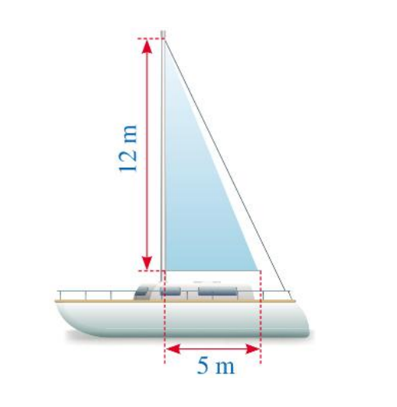 Hình dưới đây mô tả một cánh buồm có dạng tam giác vuông, được buộc vào cột buồm thẳng đứng, với độ dài hai cạnh góc vuông là 12 m và 5 m.  (ảnh 1)