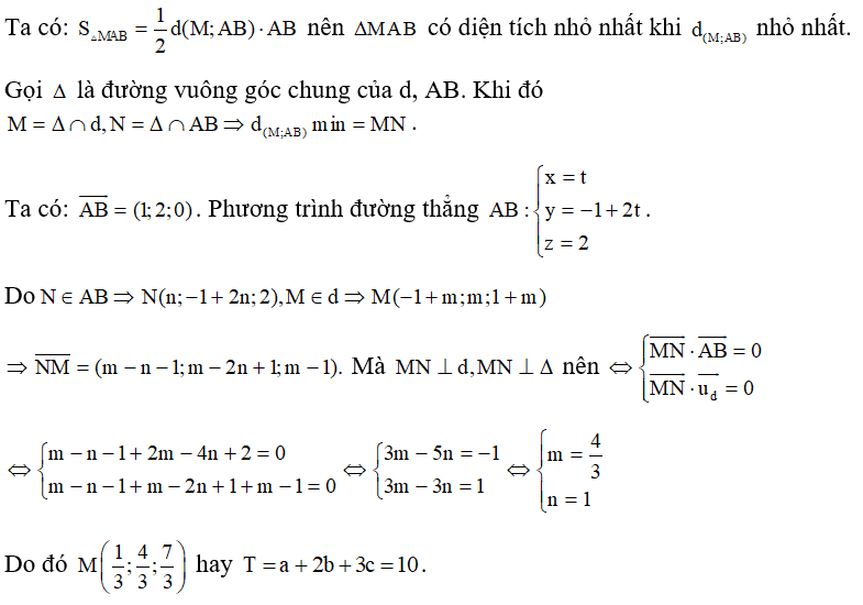 Trong không gian Oxyz, cho hai điểm A(0;-1;2),B(1;1;2)  và đường thẳng d: x+1/1 = y/1= z-1/ 1 . Biết điểm (ảnh 1)