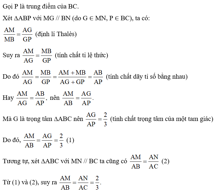 Cho tam giác ABC có G là trọng tâm. Đường thẳng qua G song song với BC lần lượt cắt cạnh AB, AC tại M, N. Chứng minh   (ảnh 2)