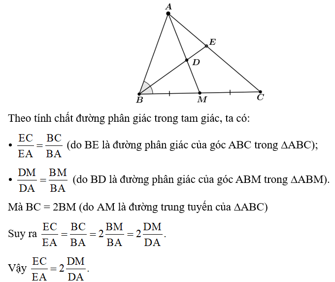 Cho tam giác ABC có đường trung tuyến AM. Tia phân giác của góc ABC lần lượt cắt các đoạn thẳng AM, AC tại điểm D, E. Chứng minh   (ảnh 1)