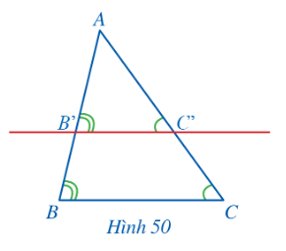 Cho tam giác ABC (Hình 50). Một đường thẳng song song với BC cắt hai cạnh AB, AC lần lượt tại B’, C’. Chứng minh ∆AB’C’ ᔕ ∆ABC.   (ảnh 1)