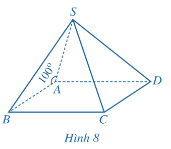 Cho hình chóp S.ABCD có đáy ABCD là hình bình hành và góc SAB = 100 độ (Hình 8). (ảnh 1)