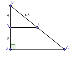 Cho hình vẽ, biết DE // AC. Khẳng định nào sau đây là đúng?   A. BC = 13,5; B. BC = 12; C. EC = 7; D. EC = 8. (ảnh 1)
