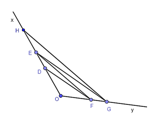 Cho góc xOy khác góc bẹt. Trên tia Ox lấy hai điểm D, E, trên tia Oy lấy hai điểm F, G sao cho FD // EG. Đường thẳng kẻ qua G song song với EF cắt Ox tại H.  Tích OD ⋅ OH bằng A. OB2; B. CE2; C. OE2; D. EB2. (ảnh 1)