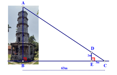 Bóng của một tháp trên mặt đất có độ dài BC = 63 m. Cùng thời điểm đó, một cây cột DE cao 2 m cắm vuông góc với mặt đất có bóng dài 3 m. Chiều cao của tháp là:    A. 24 m; B. 42 m; C. 44 m; D. 22 m. (ảnh 1)