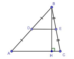 Cho tam giác ABC có đường cao BH = 5 cm. Gọi D, E lần lượt là trung điểm AB, BC và DE = 6 cm. Khi đó diện tích tam giác ABC bằng:  A. 15 cm2; B. 30 cm2; C. 20 cm2; D. 60 cm2. (ảnh 1)