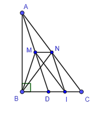Cho tam giác ABC vuông tại B, phân giác AD. Gọi M, N, I lần lượt là trung điểm của AD, AC, CD. Tứ giác BMNI là hình gì? A. Hình chữ nhật; B. Hình thoi; C. Hình thang cân; D. Hình vuông. (ảnh 1)