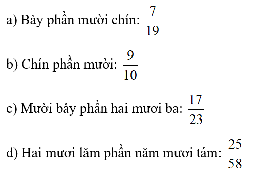 Viết phân số. a) Bảy phần mười chín b) Chín phần mười c) Mười bảy phần hai mươi ba d) Hai mươi lăm phần năm mươi tám (ảnh 1)