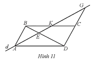 Cho ABCD là hình bình hành. Một đường thẳng d đi qua A cắt BD, BC, DC lần lượt tại E, K, G (Hình 11). Chứng minh: a) AE^2 = EK.EG; (ảnh 1)