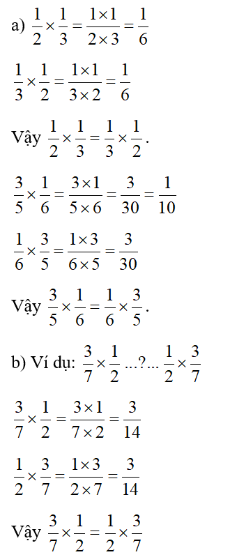 a) Tính rồi so sánh:   b) Lấy ví dụ tương tự câu a rồi đố bạn thực hiện. (ảnh 2)