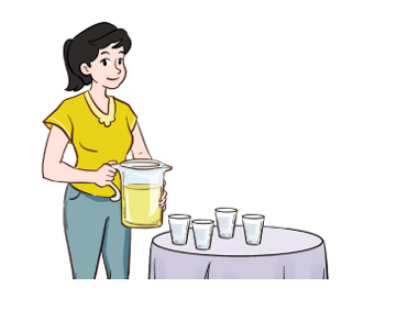 Chị Yến rót 2/3 bình nước cam ra các cốc, sao cho lượng nước cam mỗi cốc bằng (ảnh 1)