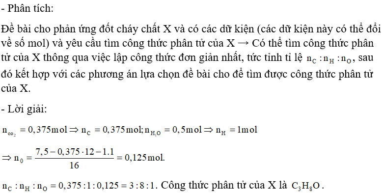 Đốt cháy hoàn toàn 7,5 gam chất X thu được 8,4 lít CO2 (đktc) và 9,0 gam H2O. Vậy công thức phân tử của X là: А. С3H8О2		B. C3H8O.		C. C3H8		D. C2H4O2. (ảnh 1)