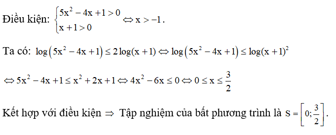 Tập nghiệm của bất phương trình log (5x^2 -4x +1) nhỏ hơn hoặc bằng 2log (x+1)   là: (ảnh 1)