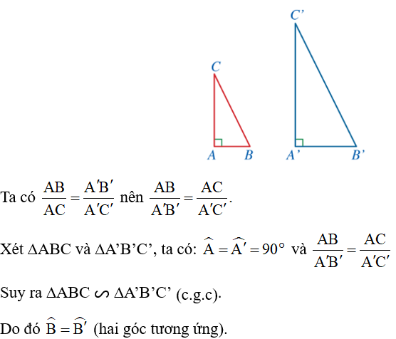 Cho hai tam giác ABC và A’B’C’ lần lượt vuông tại A và A’ sao cho AB/AC= A'B'/A'C'.  Chứng minh góc B= góc B (ảnh 1)