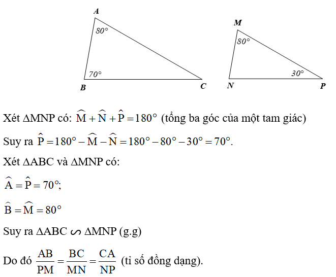 Cho hai tam giác ABC và PMN thỏa mãn góc A= 70 độ, góc B = 80 độ, góc M = 80 độ, góc N = 30 độ. Chứng minh   (ảnh 1)
