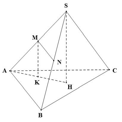 Cho hình chóp S.ABC có SA = a, góc giữa SA và mp(ABC) là 60 độ. Gọi M, N lần lượt là trung điểm của cạnh SA và SB.  (ảnh 1)
