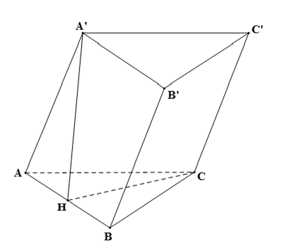 Tính thể tích của khối lăng trụ ABC.A’B’C’ biết tất cả các cạnh bằng a và hình chiếu của A’ trên mặt phẳng (ABC) là trung điểm của AB. (ảnh 1)