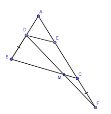 Cho tam giác ABC, từ điểm D trên cạnh AB kẻ đường thẳng song song với BC cắt AC tại E. Trên tia đối của tia CA, lấy điểm F sao cho CF = DB. Gọi M là giao điểm của DF và BC. Khẳng định nào sau đây là đúng? (ảnh 1)