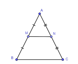 Cho tam giác ABC cân tại A, AB = 3 cm, BC = 4 cm. Gọi M, N lần lượt là trung điểm của AB, AC. Chu vi tứ giác BMNC bằng: A. 8 cm; B. 11 cm; C. 9 cm; D. 12 cm. (ảnh 1)