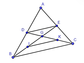 Cho tam giác ABC, các đường trung tuyến BE và CD cắt nhau tại G. Gọi I, K theo thứ tự là trung điểm của GB, GC. Đoạn thẳng DE song song và bằng với đoạn thẳng nào? A. DI; B. IK; C. BC; D. AG. (ảnh 1)