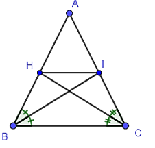 Cho tam giác ABC cân tại A, AB = AC = m, BC = n. Đường phân giác góc B cắt AC tại I, đường phân giác góc C cắt AB tại H. Khẳng định nào sau đây là đúng? (ảnh 1)