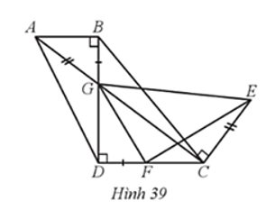 Hình thang ABCD ở Hình 39 có AB // CD, AB < CD, góc ABD = 90 đọ.  Hai đường chéo AC và BD cắt nhau tại G. Điểm E nằm trên đường vuông góc với AC tại C thỏa mãn CE = AG và đoạn thẳng GE không cắt đường thẳng CD. Điểm F nằm trên đoạn thẳng DC và DF = GB. Chứng minh: a) ∆FDG ᔕ ∆ECG; b) ∆GDC ᔕ ∆GFE; c)   (ảnh 1)