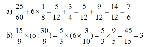 Rút gọn rồi tính giá trị của biểu thức.  a)  25/ 60 + 6 x 1/8 b) 15/9 x ( 6: 30/9) (ảnh 1)