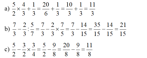 Tính:  a) 5/2 x 4/3 + 1/3   b ) 7/3 - 2/3 : 5/7    c) 3/4 x ( 5/2 -2 /3) (ảnh 2)