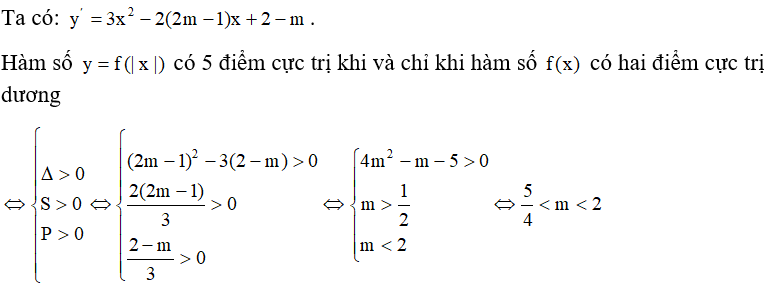 Cho hàm số y = f(x)= x^3 -(2m -1)x^2 +( 2-m) x +2 . Xác định tất cả các giá trị của tham số m để hàm  (ảnh 1)