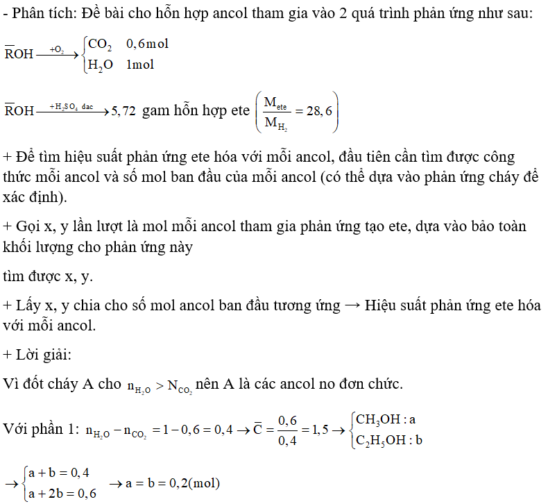 Hỗn hợp A gồm hai ancol đơn chức kế tiếp trong dãy đồng đẳng. Chia A làm 2 phần bằng nhau. Phần 1 đốt cháy được 0,6 mol CO2 và 1,0 mol H2O. Phần 2 đun với H2SO4 đặc ở 140°C được 5,72 gam hỗn hợp ete có tỉ khối so với H2 = 28,6. Hiệu suất phản ứng ete hóa với mỗi ancol là: (ảnh 1)