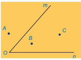 Điểm nằm trong góc mOn trong hình vẽ là   A. Điểm A, B;  B. Điểm A, B, C; C. Điểm B, C; D. Điểm A. (ảnh 1)