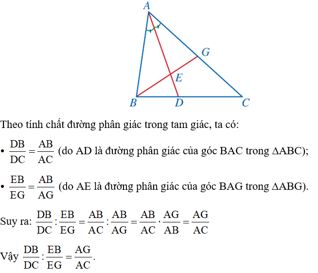 Quan sát Hình 43 và chứng minh DB/DC : EB/EG= AG/AC   (ảnh 2)